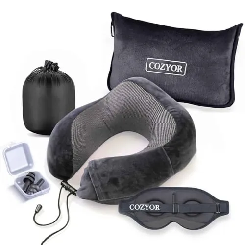 Cozyor Reiseset 4-teilig: Nackenkissen + Schlafmaske + Reisekissen & Reisedecke 2 in 1 + Ohrstöpsel, für Kinder & Erwachsene