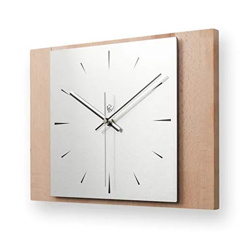 Kreative Feder Moderne Designer Holz Alu Wanduhr leise Quarzuhr ohne Ticken 35x25cm WEH002B-L (Buche, leises Quarzuhrwerk)