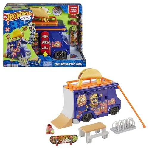 Hot Wheels Skate Taco-Truck Spielkoffer - Mit herausziehbarem Geländer für Coole Skate-Tricks, inklusive exklusivem Fingerboard und abnehmbaren Skateboard-Schuhen, Kinder ab 6 Jahren, HMK00