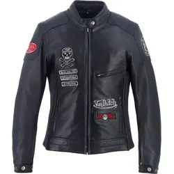 Von Dutch X Helstons Pretty Damen Motorrad Lederjacke, schwarz, Größe S - Modische Motorradjacke aus hochwertigem Ziegenleder mit glänzender Oberfläche. Praktische Taschen und herausnehmbare Weste bieten vielseitige Nutzungsmöglichkeiten. Ideal für stilbewusste Motorradfahrerinnen.