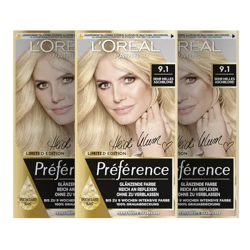 L'Oréal Paris Permanente Haarfarbe 9.1 Sehr Helles Aschblond, 3er Set