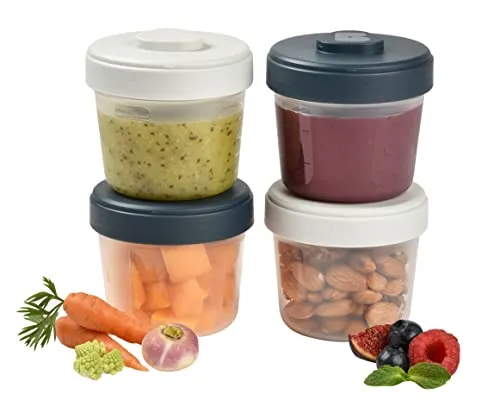 BEABA, 4er-Set Aufbewahrungsbehälter, Clip, Stapelbare Behälter, 100 % Luftdicht, Beschriftungsfeld, Einfrieren, Aufbewahrung von Muttermilch, 4 x 150 ml - Grau/Blau, weiß, 146 g