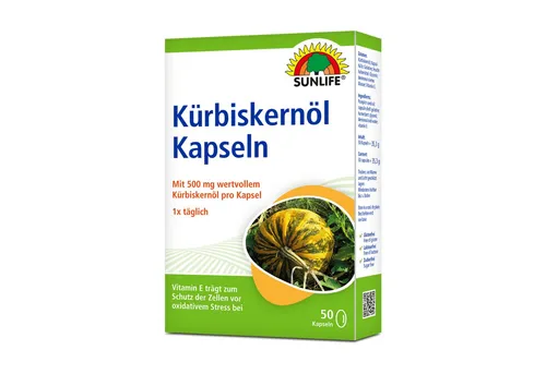Produktbild SUNLIFE SUNLIFE® Kürbiskernöl Kapseln 500 mg + Vitamin E Immunsystem Vegan 1 x täglich eine Kpasel mit ausreichend Flüssigkeit schlucken