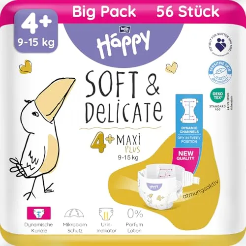 bella baby Happy Premium Windeln Größe 4+ Maxi Plus 9-15 kg 56 Stück, DERMATEST & OEKO TEX Siegel, Babywindeln Einweg