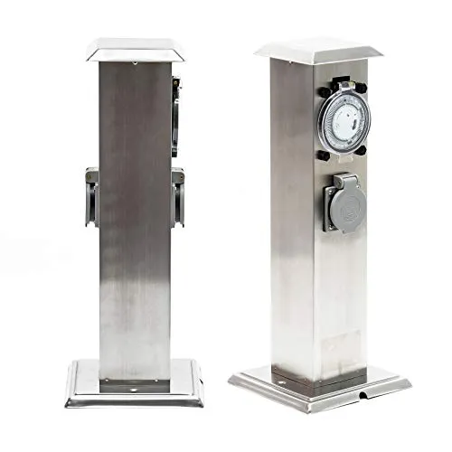 Wiltec 2-Fach Außensteckdose Energiesäule aus Edelstahl - Rasenmäherersatzteile & Rasenmäherzubehör – Edles Edelstahl-Design mit IP44 Wasserfestigkeit und integrierter Zeitschaltuhr für effiziente Energieversorgung im Outdoor-Bereich.