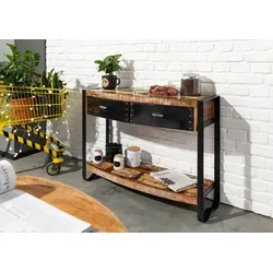MASSIVMOEBEL24.DE Konsolentisch Industrial - Drohnen: Stilvoller Beistelltisch aus 60% Altholz und Eisen, ideal für Ihr Zuhause mit 2 Schubladen und 1 Ablage für zusätzlichen Stauraum.