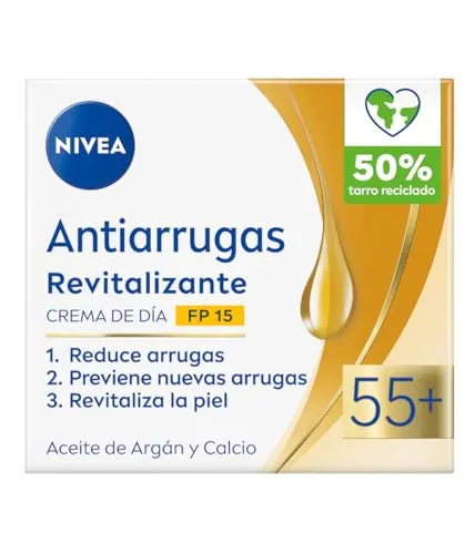 NIVEA Revitalisierende Anti-Falten-Tagescreme 55+, mit Arganöl, Kalzium und UV-Filtern FP15, reduziert Falten und feine Linien, verbessert die Vitalität der Haut, spendet Feuchtigkeit, reife Haut, 50