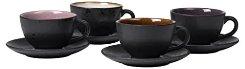BITZ Kaffeetassen-Set, 4er-Set mit Untertassen - Thermobehälter: Stilvolles 4er-Set aus Steingut in Amber, Pink, Lila und Creme, ideal für gemütliche Kaffeepausen.