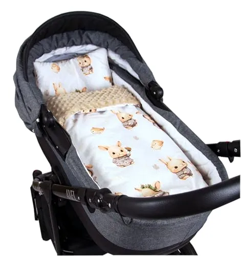 Babylux Babydecke Minky PLÜSCH Kuscheldecke 75x60cm + Kissen 35x30cm | 2-TLG Set für Kinderwagen, Wiege, Babyschale, Neugeborene (MP150 - Beige + Häschen)