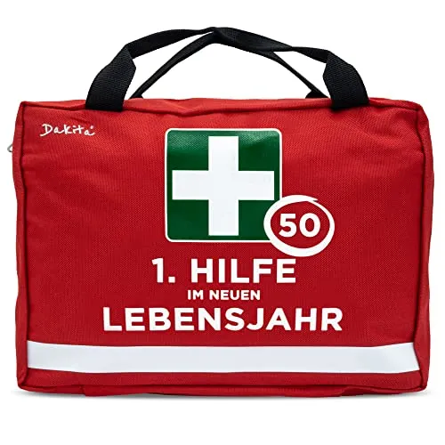 Dakita Erste-Hilfe Tasche zum 50. Geburtstag – Lustiges Geschenk für Männer & Frauen – 28×18×8 cm – rot, ohne Inhalt