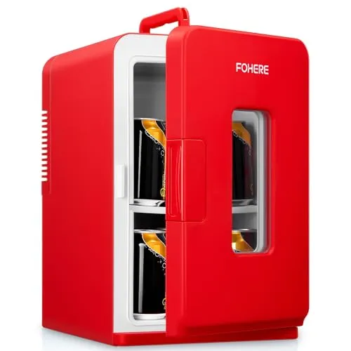FOHERE 2 in 1 Mini Kühlschrank, 15L Kühlschrank für Zimmer mit Kühl- und Heizfunktion, DC/AC für Autos, Büros und Wohnheim, ECO-Low-Noise-Modus, für Kosmetik und Getränke, Rot