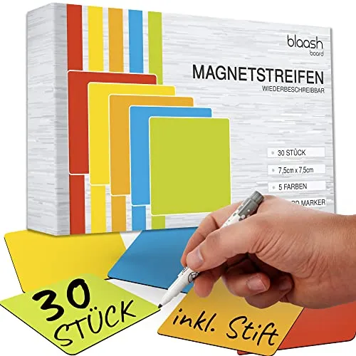Magnete zum beschriften 7,5 x 7,5 cm | Magnete für Whiteboards, Kühlschränke, Magnettafeln & metallische Oberflächen | inkl. Stift & Radierer | Bunte Magnetschilder zum Beschriften 30