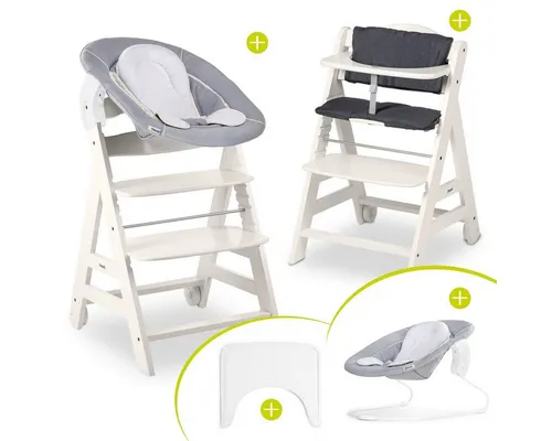 Hauck Hochstuhl Beta Plus White - Newborn Set, Babystuhl ab Geburt inkl. Aufsatz für Neugeborene, Tisch, Sitzauflage