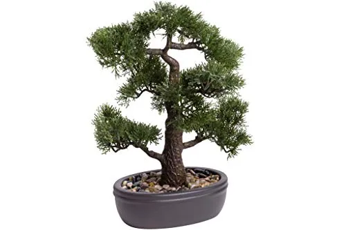 künstlicher Bonsai in brauner ovaler Keramikschale (45 cm, Ceder)
