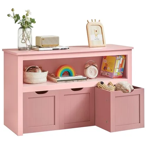 VASAGLE Kinderregal, Spielzeugaufbewahrung für Kinder, Aufbewahrungsschrank, Spielzeugschrank, Aufbewahrungsbox mit Rollen, Spielzeugregal, für Kinderzimmer, 30 x 102 x 60 cm, pastellrosa LHS380R02
