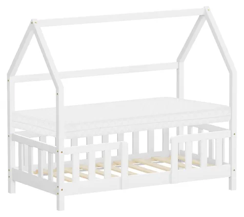 ML-Design Kinderbett 70x140cm mit Rausfallschutz & Matratze – Weiß - Gemütliches Kinderbett 70x140 cm aus stabilem Kiefernholz mit integriertem Rausfallschutz. Niedrige Einstiegshöhe für selbstständiges Ein- und Aussteigen. Inklusive pflegeleichter Matratze für optimalen Schlafkomfort.