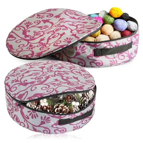 com-four® 2x Aufbewahrungstasche für Kränze, Girlanden, Näh- und Spielzeug - große runde Stoff-Box mit Tragegriff für Weihnachts-, Oster-, Adventsdekoration mit Reißverschluss (2 Stück - grau + lila)