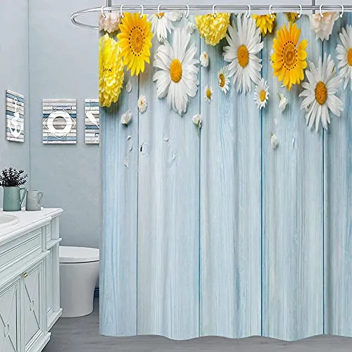 M&W DAS DESIGN Duschvorhang Kamille Textil Blumen Vorhang Garten gelb Schimmelresistent türkis Holz Ruhe Flora weiß Farbfest Natur inkl. 12 C-Ringe Gewicht unten
