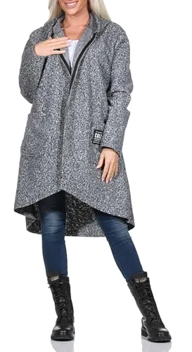 simaranda Sweatjacke Damen mit Kapuze Hoodie lange Übergangsjacke Kurzmantel uni mit Zipper Cardigan 29503 Hellgrau