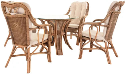 Set/5 Sitzgruppe Wintergarten-Set Rattan-Garnitur 4 Personen (Vintage Braun) - Sitzgruppe für 4 Personen im kolonialen Rattanstil, mit abnehmbaren Sitzkissen und eleganter Glasplatte, ideal für Wohnzimmer oder Wintergarten.