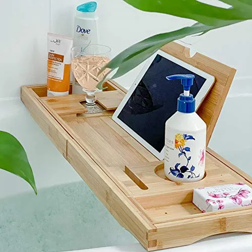 Deep Calm Badewannenablage - Verstellbares Bambus-Badewannenbrett - Badewannenbretter, 100% umweltfreundliches Bambus, rutschfeste Halterungen für iPad, Glas & mehr – genießen Sie ein luxuriöses Spa-Erlebnis zu Hause!