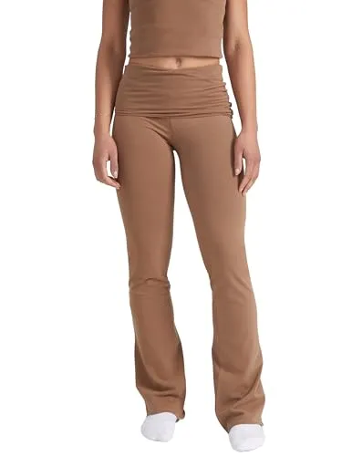 Style & Republic Damen Flared Leggings aus weicher Baumwolle – Umklappbare Yogahose mit Klappbund, Bootcut-Style, lässig & bequem mit weitem Bein, Schlaghose, Holz, XL