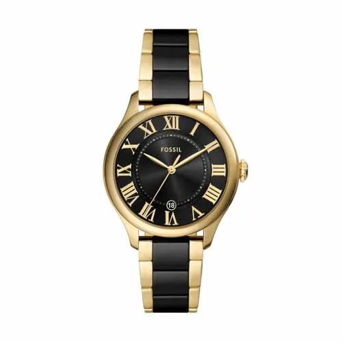 FOSSIL Damen Analog Quarz Uhr CE1132 - Elegante Armbanduhr für Damen mit kratzfestem Mineralglas und wasserdichtem Design. Das goldfarbene Keramikarmband ist individuell anpassbar und bietet Stil und Komfort.