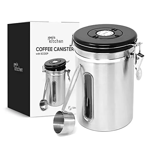 joeji's Kitchen Luftdichte Kaffeedose 1,8L - Edelstahl Kaffeebehälter mit Messlöffel - Glasbehälter & Töpfe - Die luftdichte Kaffeedose bewahrt das Aroma Ihrer Kaffeebohnen und bleibt dank Edelstahl langlebig. Ideal für Kaffeeliebhaber, die Frische schätzen!