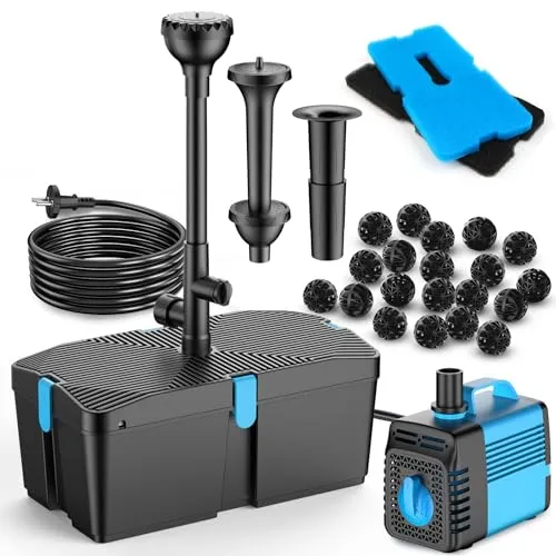 Teichpumpe mit Filter und Springbrunnen Set 2500L/H - Filterpumpen für Gartenteiche - Kombinierte Funktion für kristallklares Wasser und perfekte Lebensbedingungen für Koi durch 2500L/h Pumpenleistung und Geräuscharmes Design.