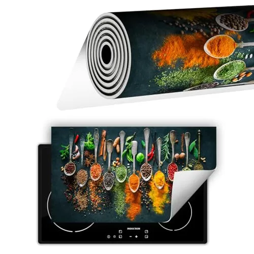 TMK ArtDeko Herdabdeckplatte Ceranfeld abdeckung Aufrollbare Matte für Induktion 1-teilig 90x52 cm, Gewürze Löffel