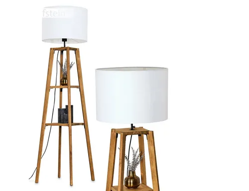 Hofstein Stehlampe aus Holz und Stoff in Naturfarben - Elegante Stehlampe für den Innenbereich im Boho-Style, mit praktischen Ablageflächen und Fußschalter. Ideal für Esszimmer, Flur oder Wohnzimmer – eine stilvolle Lichtquelle ohne Leuchtmittel.