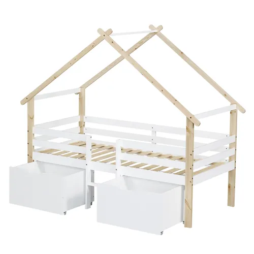 Hausbett mit Lattenrost und Schubladen, 90x200 cm - Weiß/Naturbelassen - Praktisches Kinderbett mit Lattenrost, Rausfallschutz und Stauraum durch Schubladen. Hergestellt aus stabilem Massivholz, ideal für ein modernes Kinderzimmer.