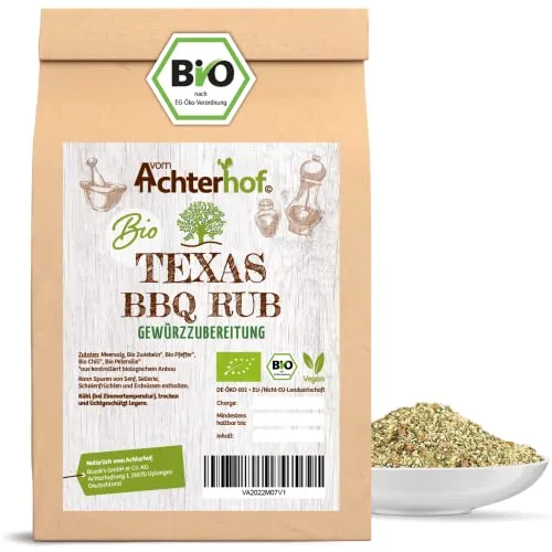 Texas BBQ Rub Gewürzzubereitung Bio 100g | Trockenmarinade mit scharf-süßlichem Geschmack | mit Chilli, Pfeffer, Zwiebeln, Petersilie | ideal zum Würzen von Fleisch, Fisch & Gemüse | vom Achterhof