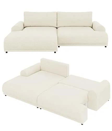 Modernes Ecksofa mit breiter Ottomane links, Schlaffunktion Gästebett inkl. Bettkasten, Wellenunterfederung, B240/T145/H81 cm, Liegefläche 130x196 cm, Bezug mit Bouclé-Charakter in Beige Creme / 21028