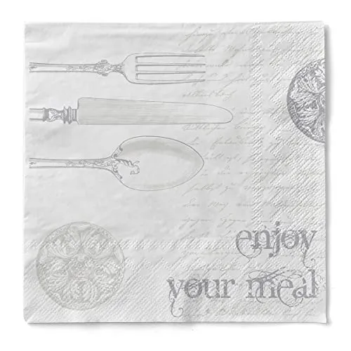 Sovie HORECA Serviette ELISABETH Silber-Weiß, 3-lagiges Tissue, 40 x 40 cm, 1/4 Falz, 100 Stück, Design mit silberfarbenem Besteck & Schriftzügen „guten appetit“ & „enjoy your meal“