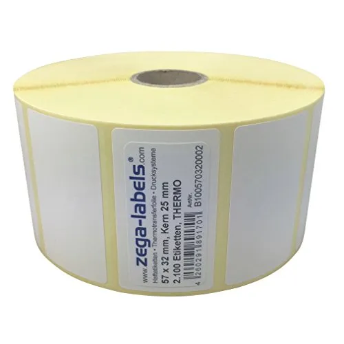 Thermo Etiketten auf Rolle - 57 x 32 mm - 2.100 Stück je Rolle - Kern: 25 mm - aussen gewickelt - permanent haftend - Druckverfahren: Thermodirekt (Drucken ohne Farbband)