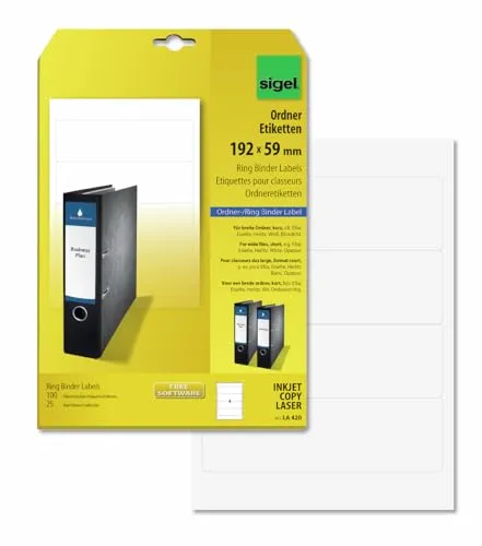 SIGEL LA420 Ordner-Etiketten selbstklebend, bedruckbar, weiß, für breite Ordner, kurz, 100 Etiketten
