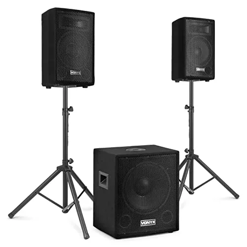 Vonyx VX0812BT - Aktives PA Anlage Komplettset mit Bluetooth - Mobiles 2.1 DJ Set mit 12 Zoll Subwoofer und 2 passiven 8 Zoll Lautsprechern. Einfacher Aufbau, ideal für Veranstaltungen. Inklusive Ständern und vielseitigen Anschlussmöglichkeiten.