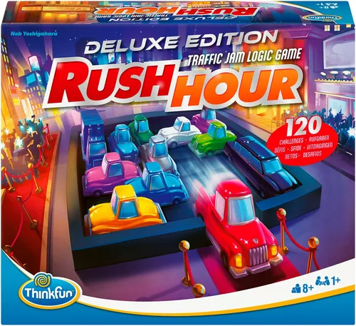 ThinkFun Rush Hour Deluxe - Logikspiel für die ganze Familie - Gesellschaftsspiel mit 120 Aufgaben in 5 Schwierigkeitsstufen, fördert logisches Denken und strategische Fähigkeiten. Inklusive hochwertiger Fahrzeuge in Metalloptik und exklusiver Sammelbox.