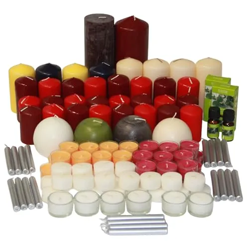 sopomarkt24 Kerzenset Mischpaket aus Kerzen Wachskerzen Stumpenkerze Kugelkerzen Baumkerzen Teelichter Öl Winterdeko Mix Duftkerzen für Feste Weihnachten Partys Hochzeit 9 kg
