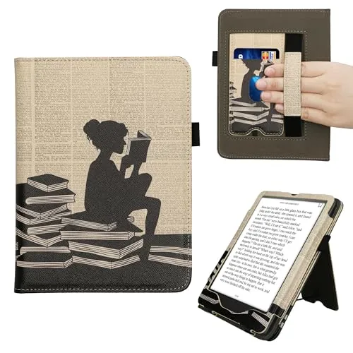 kwmobile Flip Cover kompatibel mit Amazon Kindle Paperwhite (2024)/Colorsoft - Hülle mit Handschlaufe Lesende Frau Schwarz Beige
