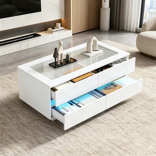 Moderner Couchtisch mit LED-Beleuchtung und 4 Schubladen