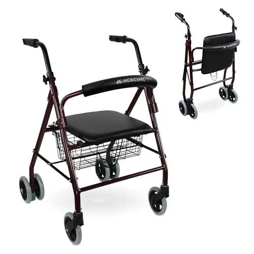 Mobiclinic® Rollator, Faltbar und leicht, Prado, Aluminium, Europäische marke, Druckbremsen, Laufhilfe senioren, Gehwagen, Mit sitz 4 rädern, Bordeaux
