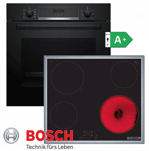 Bosch Herdset Autark Backofen Schwarz 3D Heißluft - Backofen mit 71 L Volumen und 3D Heißluft für gleichmäßiges Garen. Mit versenkbaren Drehreglern und Kindersicherung ideal für sichere Küchen.