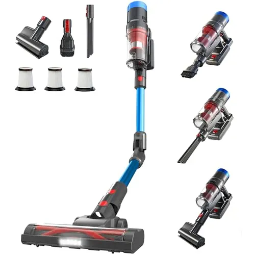 monmecd Akku Staubsauger Kabellos 26kPa, Staubsauger Ohne Beutel 250W, Handstaubsauger mit HEPA Filter, 60 Min Laufzeit, LED Bodenbürste für Tierhaare, Teppich, Hartboden, Sofa und Auto