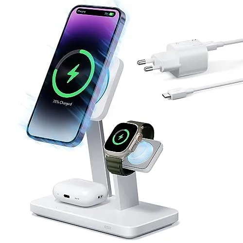 ESR 3 in 1 Ladestation für Apple Watch und iPhone - Kabellose Qi-Ladegeräte mit CryoBoost-Technologie für schnelles und kühles Laden ohne Überhitzung. Perfekt für iPhone 17-14, Apple Watch und AirPods – ideal für Nachttisch oder Büro.