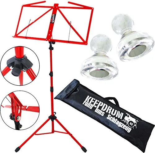 keepdrum MUS3RD Notenstaender Rot mit Tasche + 10 Stück Notenpult Magnete MG10