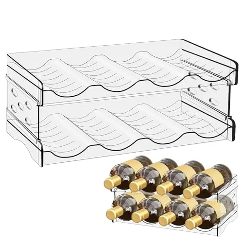 GOEDCH Kühlschrank Organizer Flaschen: 8 Flaschen Stapelbarer Flaschenhalter, Weinflaschen Halter, Weinflaschenhalter Kunststoff, Dosenregal, Transparenter Wasserflaschenhalter für Schrank, Büro