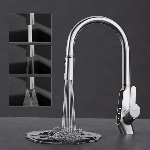 Mai & Mai Küchenarmatur Wasserhahn mit LED-Anzeige – 360° drehbar, 3 Wasserstrahl-Modi - Moderne Einhebelmischer Küchenarmatur in Silber, 43 cm hoch, mit 3-in-1 Digitalanzeige. 360° schwenkbar und herausziehbarer Sprühkopf für flexibles Arbeiten am Spülbecken.