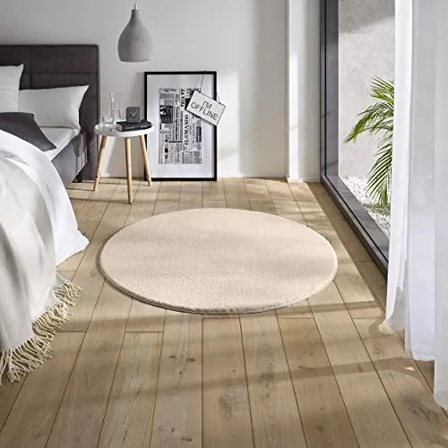 TacaHome Waschbarer Kurzflor Teppich Anti-Rutsch I Flauschiger Flachflor für Badezimmer Wohnzimmer Schlafzimmer Kinderzimmer Flur Läufer | 80 cm rund Creme